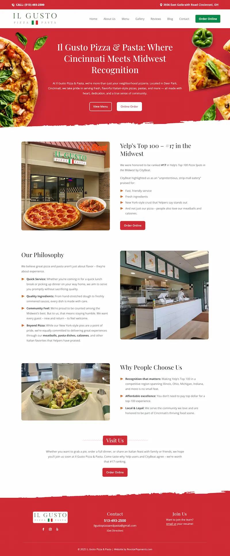 Homepage screenshot of the ilgustopizzaandpasta.com website