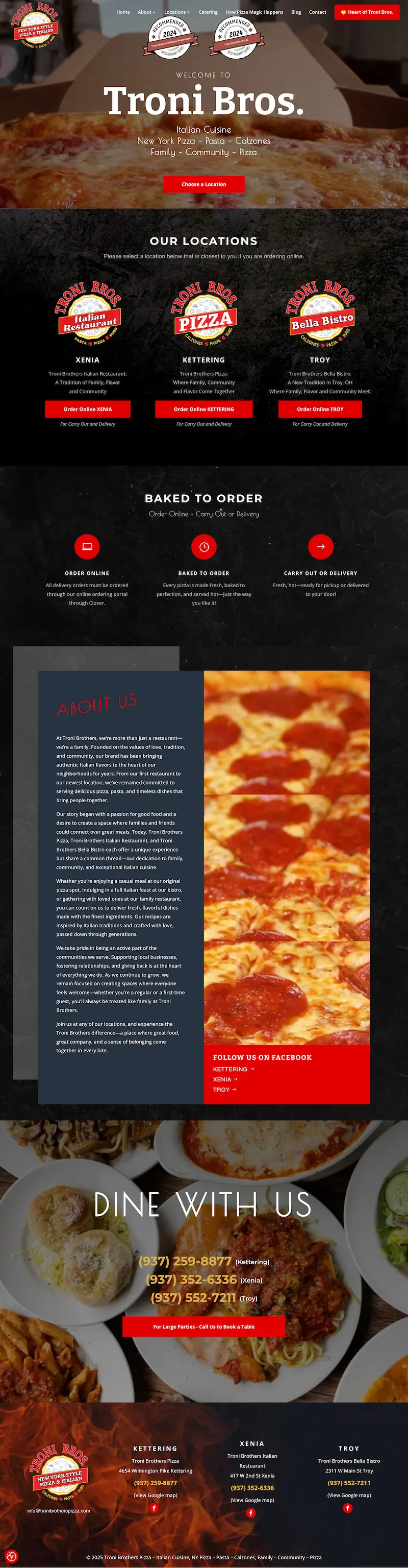 Homepage screenshot of the tronibrotherspizza.com website
